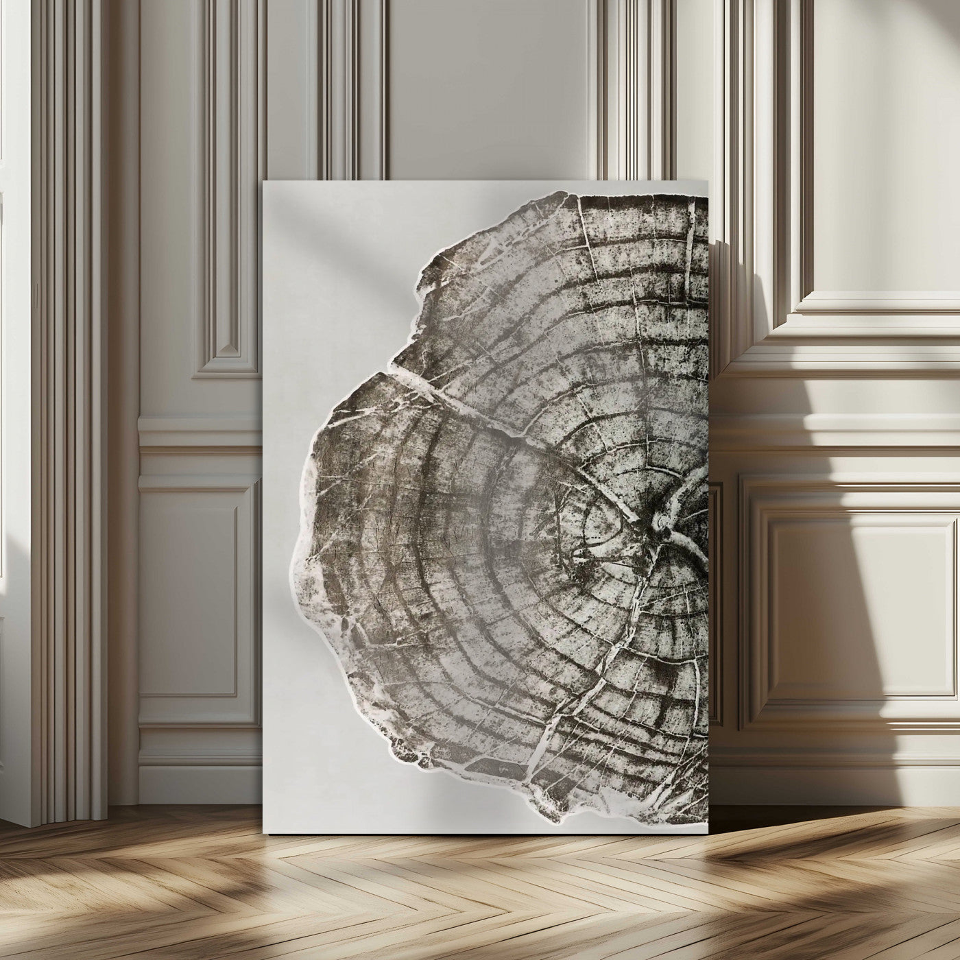 A close-up tree ring cross-section with neutral tones and organic texture, perfect for rustic, modern, or minimalist interior wall decor.