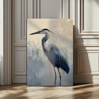 Elegant heron bird standing tall with soft brushstroke texture and muted tones, perfect for coastal or nature-themed home decor.