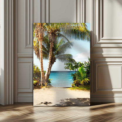 Tropical beach with palm trees, blue ocean, and clear sky, perfect for coastal or beach-themed wall decor in sunny living spaces.