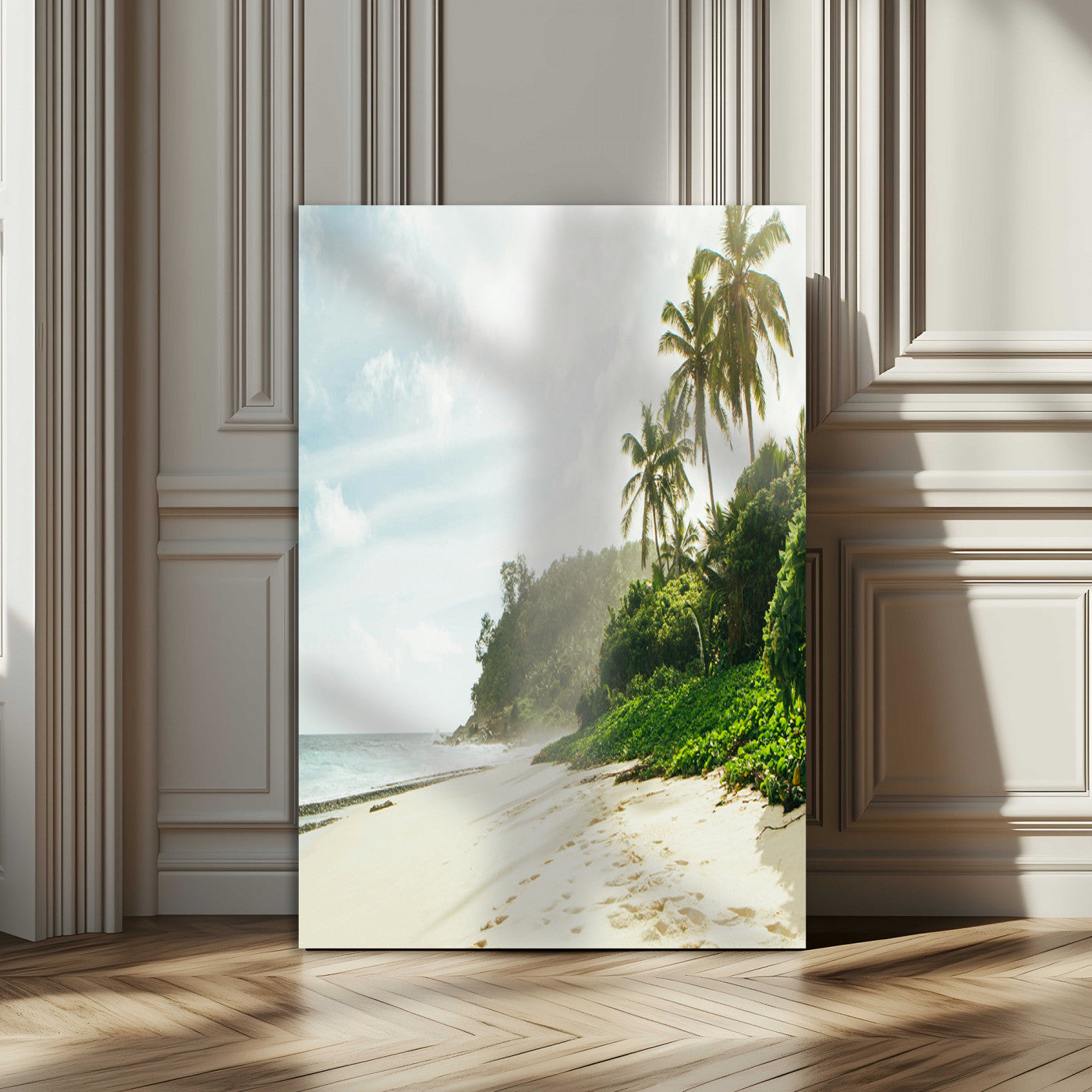 A tropical beach with palm trees, soft sand, and ocean waves under a bright sky, creating a peaceful and relaxing coastal view.