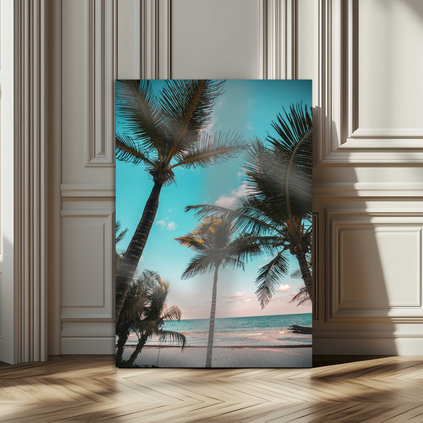 Tall palm trees swaying over a tropical beach with turquoise ocean waves and a soft sunset glow, creating a relaxing coastal vibe.