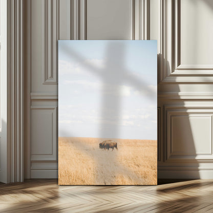 Minimalist Nature Wall Art Canvas Print, Framed Bison In Grassland Art Picture Print, Open Field Perfect Modern Ranch Decor Decor Artwork