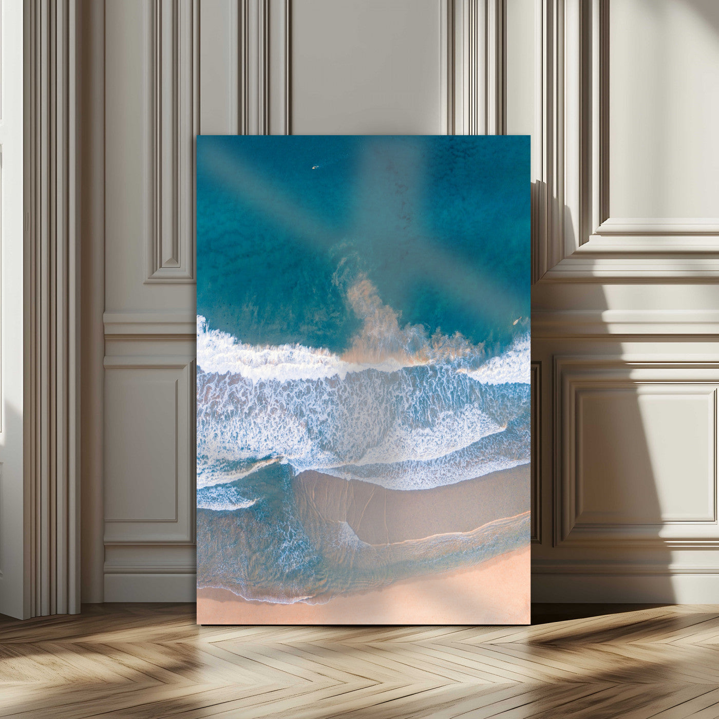 -Aerial Beach View Wall Art Canvas Print, Framed Ocean Waves Art Picture Print, Coastal Serenity Perfect Coastal Minimalist Decor Artwork