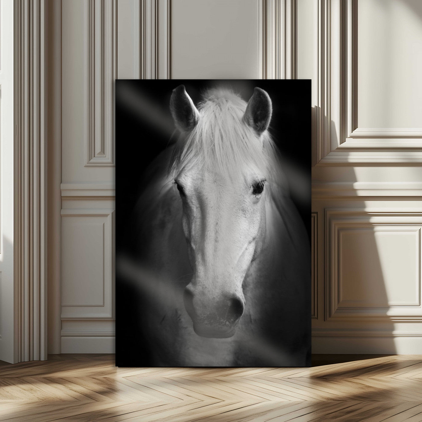 Large Wall Art White Horse on Black Background Canvas Print