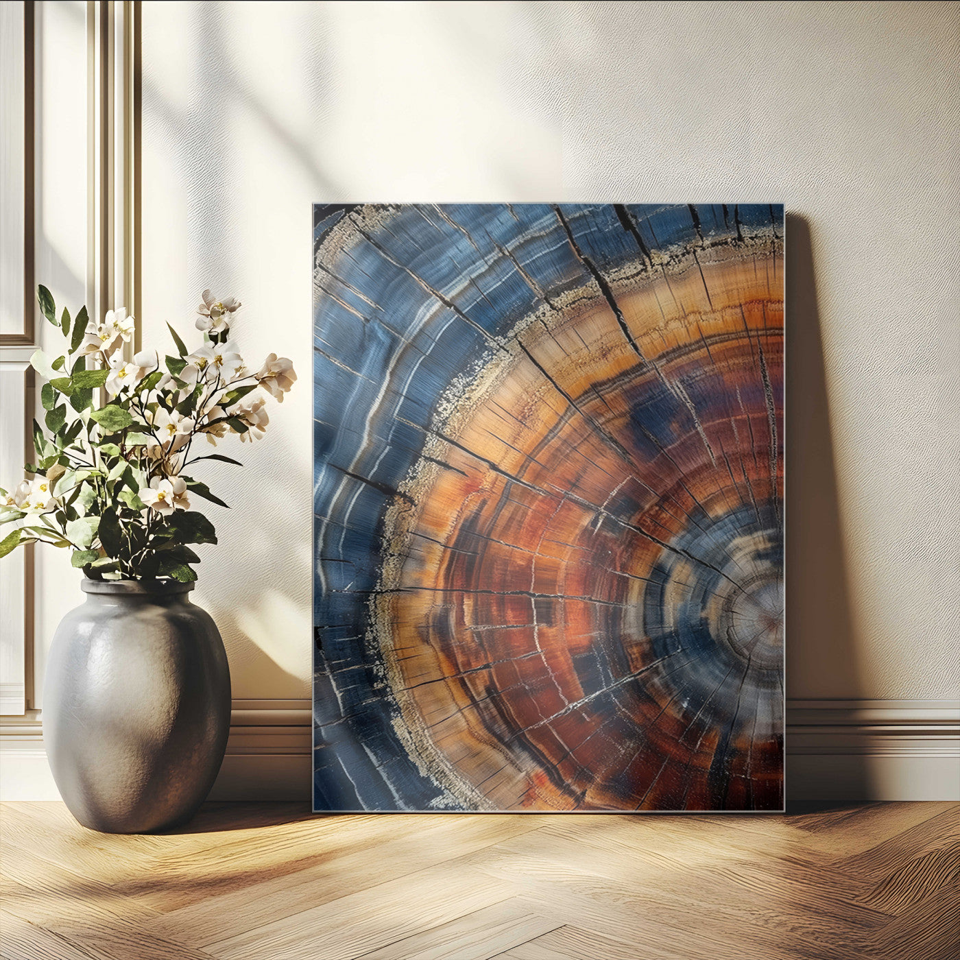 Canvas of colorful tree rings in rich blue and warm orange hues with cracked natural texture, ideal for rustic or earthy decor styles.