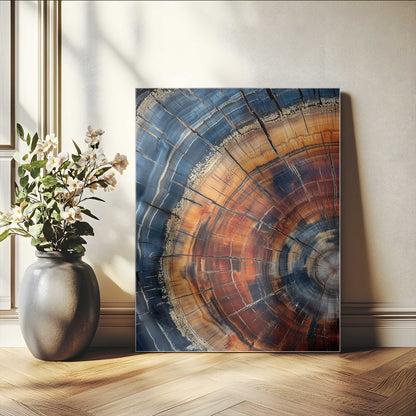 Canvas of colorful tree rings in rich blue and warm orange hues with cracked natural texture, ideal for rustic or earthy decor styles.