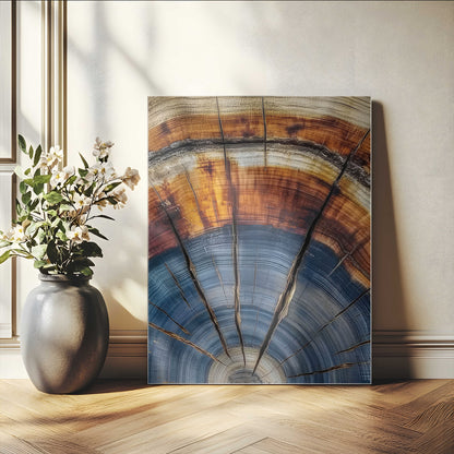 Canvas of a tree ring with bold blue and orange hues and cracked radial lines, ideal for rustic or earthy modern interiors.