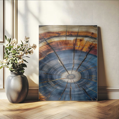 Canvas of a tree ring with bold blue and orange hues and cracked radial lines, ideal for rustic or earthy modern interiors.