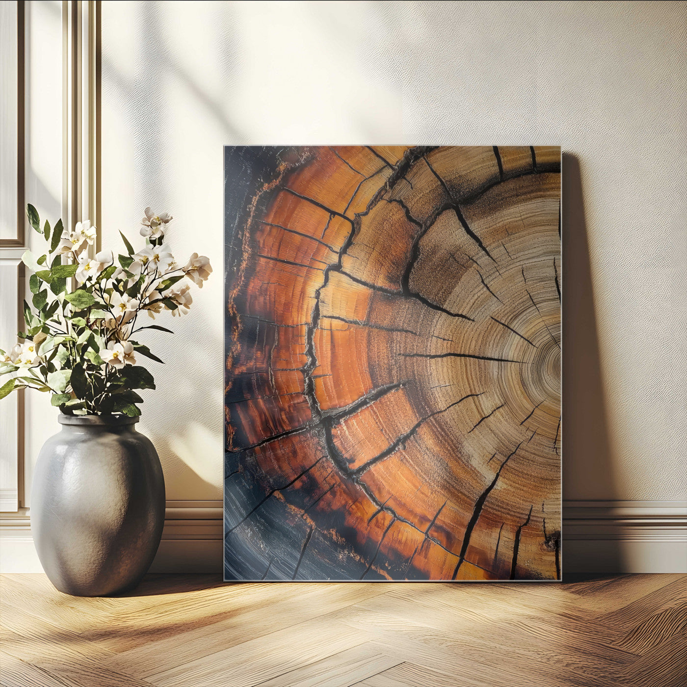 Canvas of a cracked tree ring with warm burnt orange tones and dark edges, ideal for rustic or earthy home decor themes.