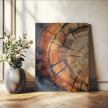 Canvas of a cracked tree ring with warm burnt orange tones and dark edges, ideal for rustic or earthy home decor themes.