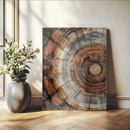 Canvas of tree rings and natural wood grain in earthy tones, ideal for rustic or vintage-inspired home decor with organic textures.