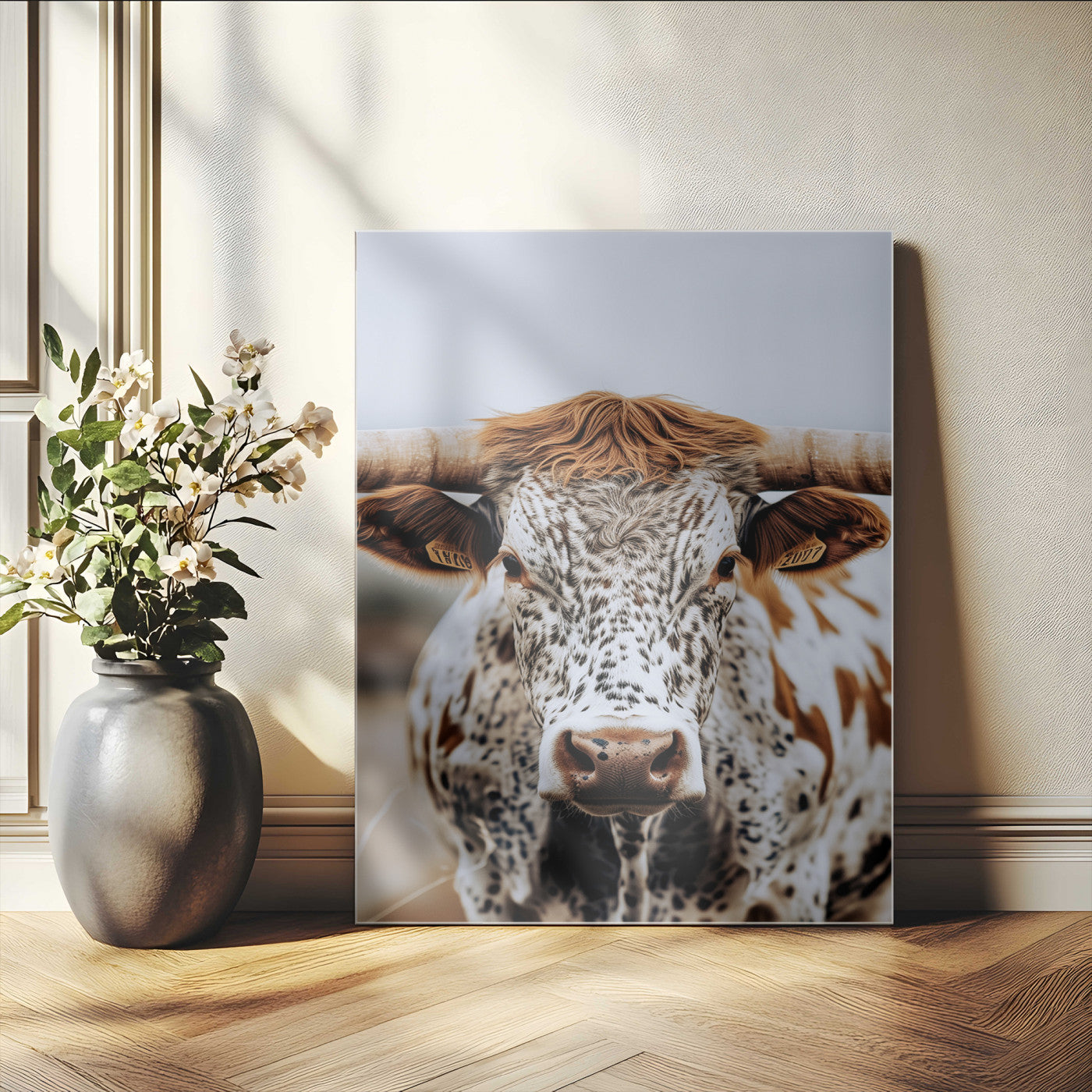 Close-up of a speckled Texas longhorn with wide horns and a bold gaze, perfect for rustic or country-style decor in warm tones.