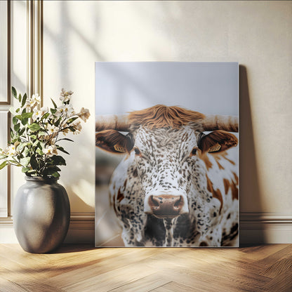 Close-up of a speckled Texas longhorn with wide horns and a bold gaze, perfect for rustic or country-style decor in warm tones.