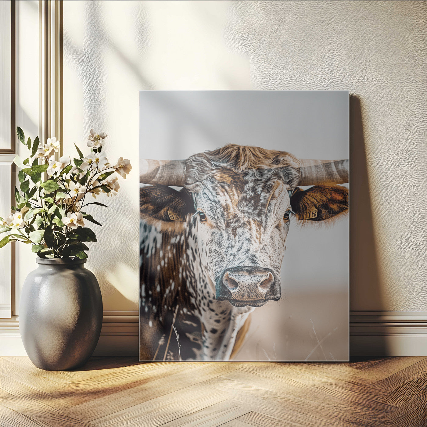 Canvas of a speckled Texas longhorn with wide curved horns and warm tones, perfect for rustic or country-style wall decor.
