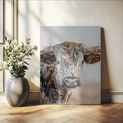 Canvas of a speckled Texas longhorn with wide curved horns and warm tones, perfect for rustic or country-style wall decor.