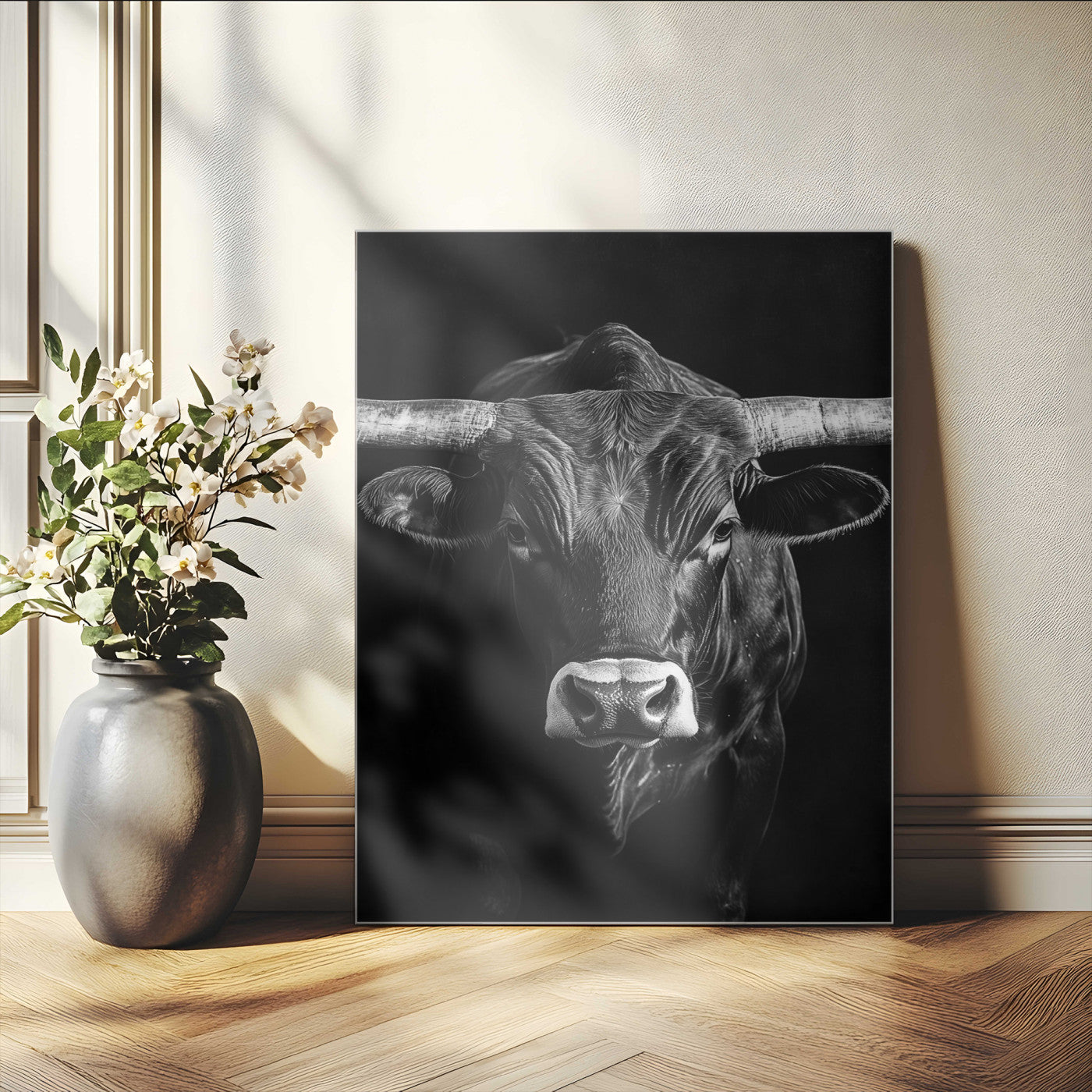 Canvas of a Texas longhorn in black and white with dramatic lighting and bold contrast, ideal for rustic or modern western wall decor.