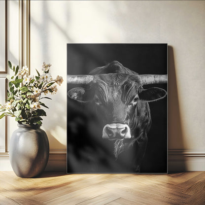 Canvas of a Texas longhorn in black and white with dramatic lighting and bold contrast, ideal for rustic or modern western wall decor.