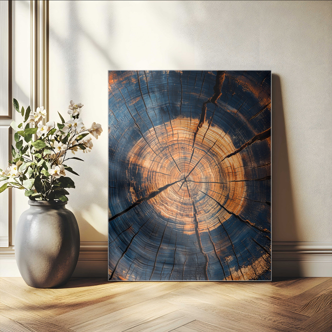 Close-up canvas of tree rings with burnt orange and deep blue tones, perfect for rustic or earthy-themed home decor.