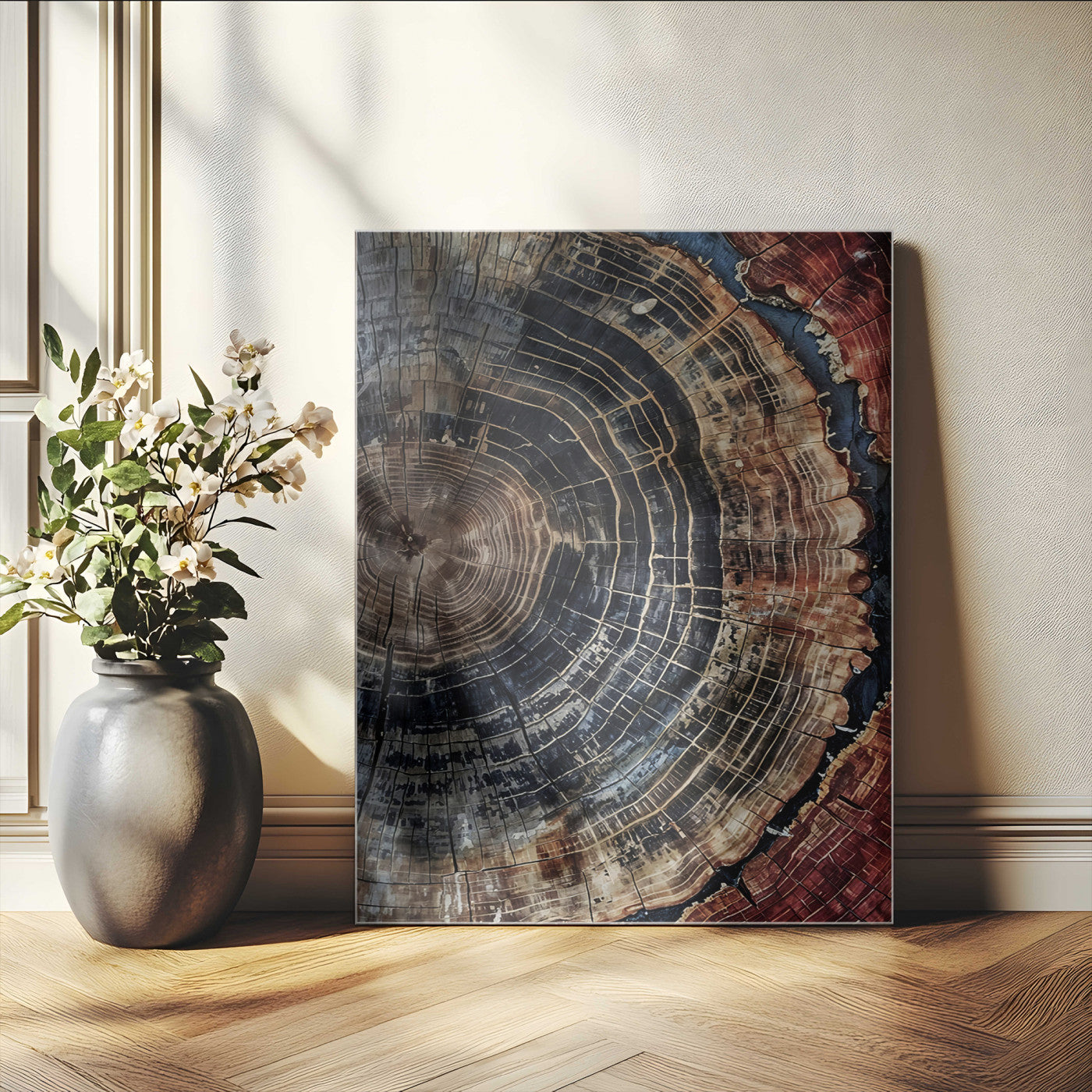 Rustic canvas featuring detailed tree rings and dark earthy tones, ideal for moody wood or organic nature-inspired home decor.