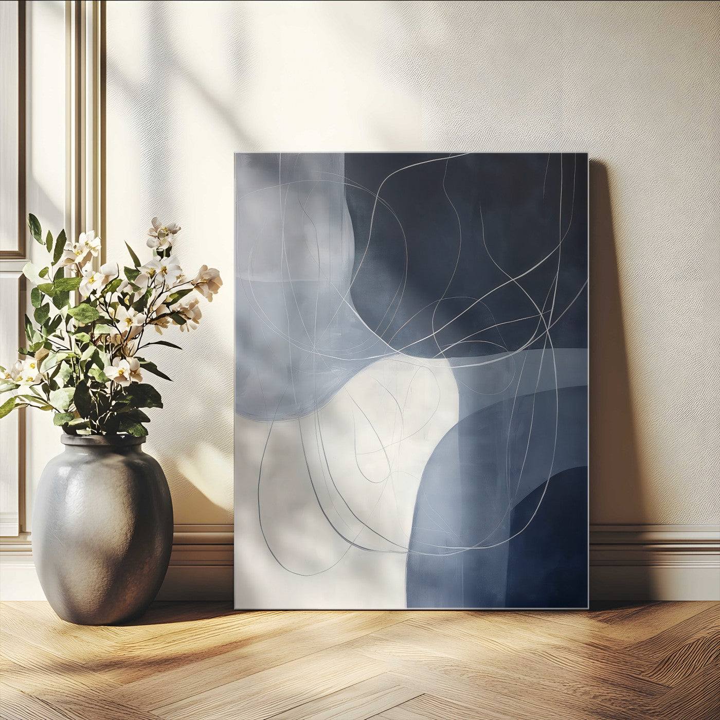 Contemporary abstract canvas with navy, grey, and white curved forms and fine line details, ideal for minimalist or modern interiors.