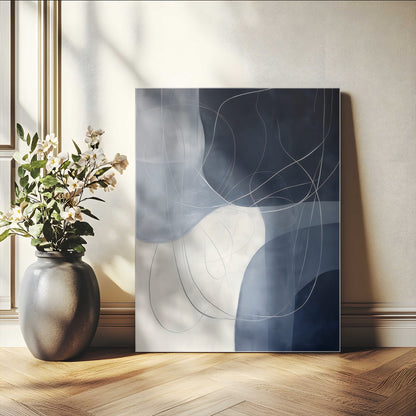 Contemporary abstract canvas with navy, grey, and white curved forms and fine line details, ideal for minimalist or modern interiors.
