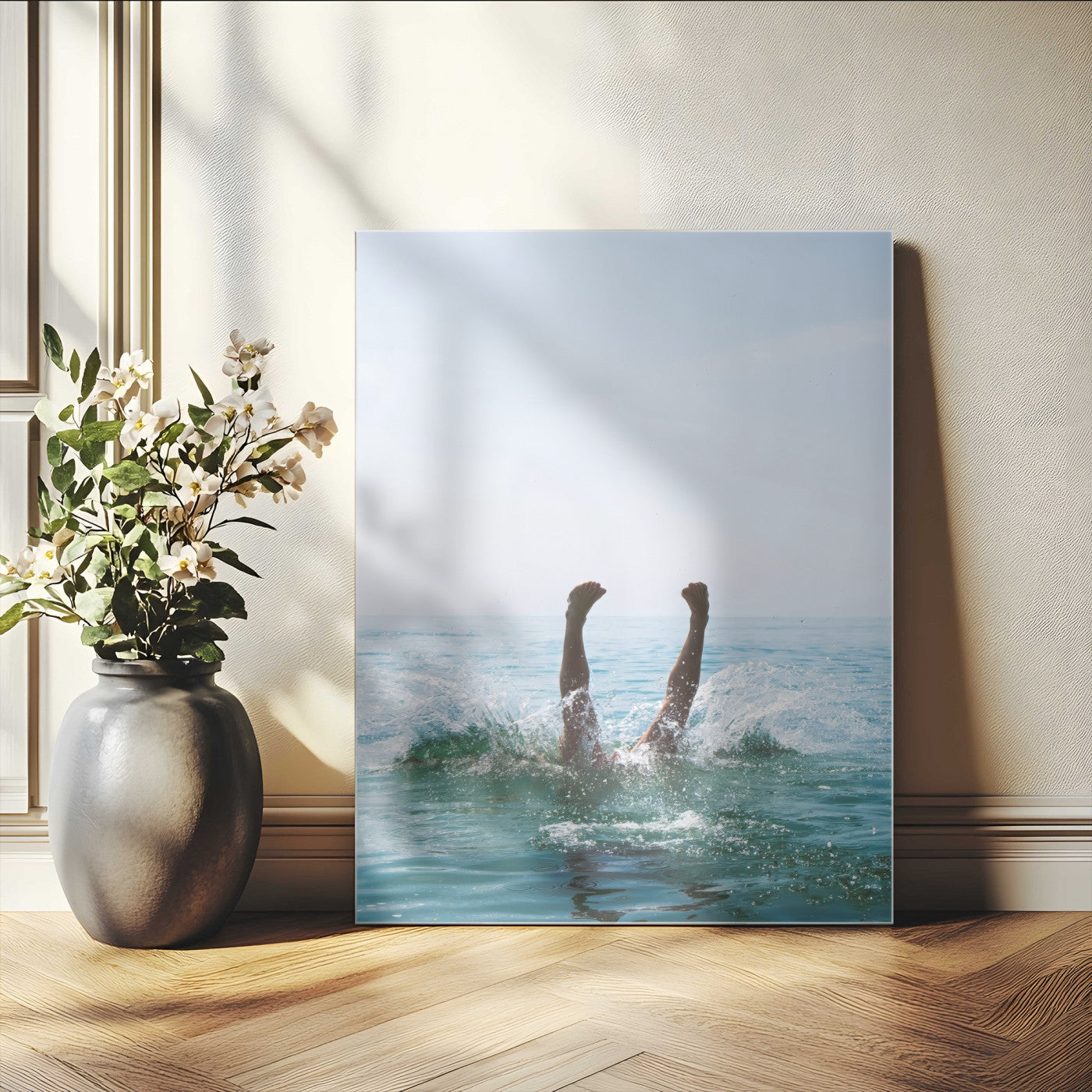 Vibrant ocean canvas of a playful diving splash, ideal for coastal or beach-themed interiors with a lively summer vibe.