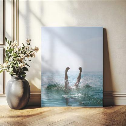 Vibrant ocean canvas of a playful diving splash, ideal for coastal or beach-themed interiors with a lively summer vibe.