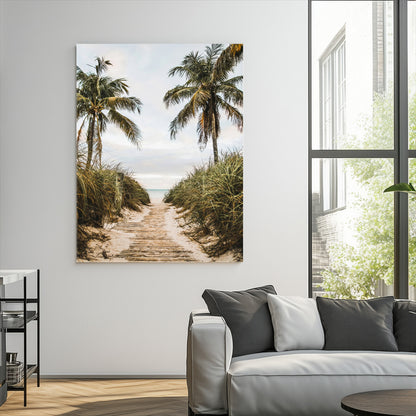 Canvas wall art of a tropical beach path with palm trees and dune grass, ideal for coastal entryways or tropical-inspired home decor.