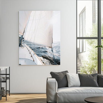 Canvas of a sailboat gliding on a sunlit ocean with white sails and sparkling water, ideal for coastal minimalist or nautical-style home decor.