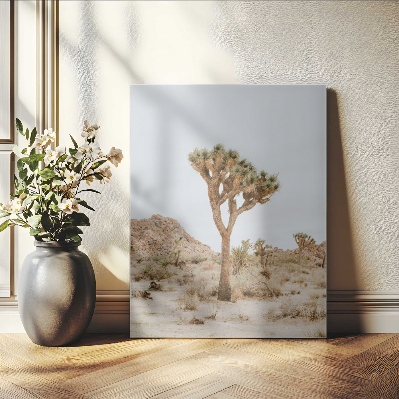 Canvas of a Joshua Tree in neutral desert tones under soft light, ideal for southwestern minimalist or rustic nature-inspired home decor.