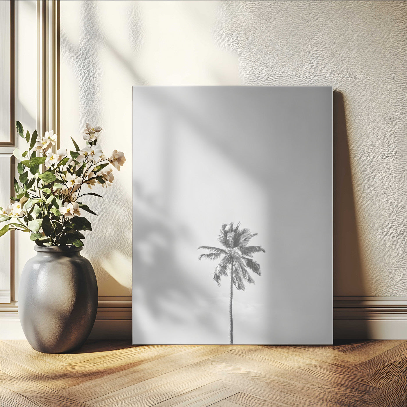 Canvas of a single palm tree in black and white with minimalist sky, ideal for modern coastal minimalist or tropical-inspired home decor.