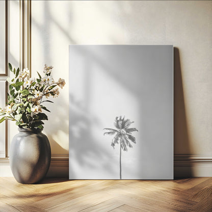 Canvas of a single palm tree in black and white with minimalist sky, ideal for modern coastal minimalist or tropical-inspired home decor.