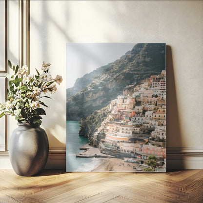 Canvas of colorful cliffside homes in Positano along the Amalfi Coast with warm tones, perfect for Mediterranean coastal or European-inspired home decor.