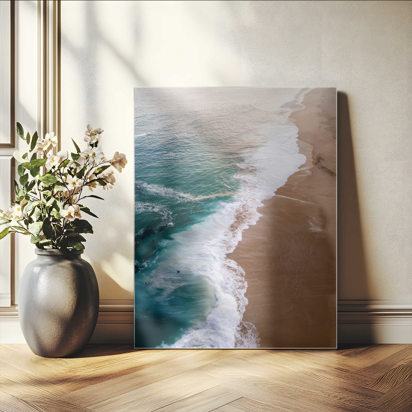 Canvas of a dreamy aerial beach scene with turquoise waves and soft sunset tones, ideal for modern coastal or minimalist home decor.