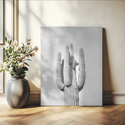 Canvas of a tall saguaro cactus in black and white with moody tones, perfect for southwestern minimalist or modern desert-themed home decor.