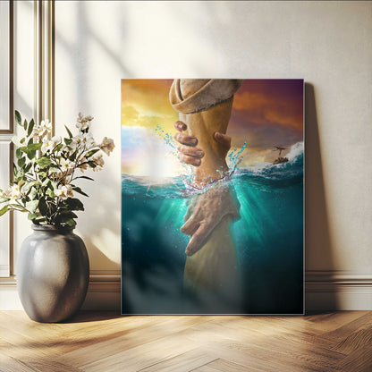 A dramatic scene of a hand reaching underwater and being lifted, symbolizing rescue and faith, ideal for spiritual or Christian wall decor.
