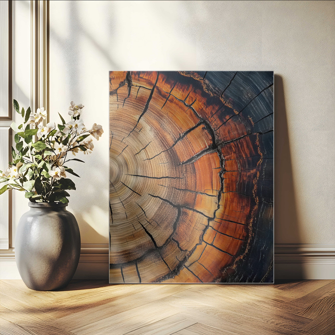 Close-up of a vibrant tree ring cross-section with orange and blue tones, ideal for rustic or boho-style interior decor.