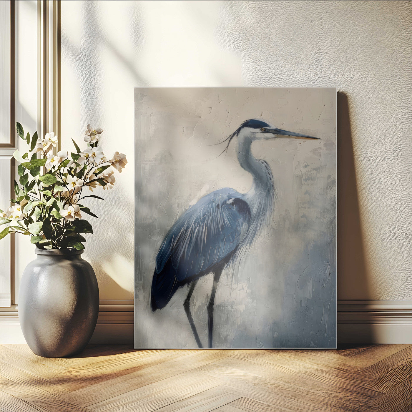Blue heron standing gracefully on one leg, painted in soft neutrals and cool tones, perfect for modern coastal or nature-inspired decor.