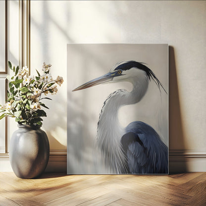 Single blue heron in profile with soft feathers and neutral tones, ideal for tranquil, coastal or nature-inspired interior settings.