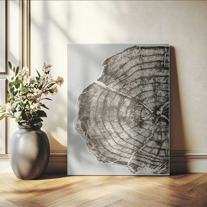 A close-up tree ring cross-section with neutral tones and organic texture, perfect for rustic, modern, or minimalist interior wall decor.
