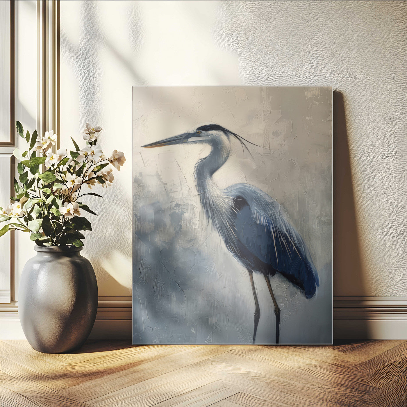 Elegant heron bird standing tall with soft brushstroke texture and muted tones, perfect for coastal or nature-themed home decor.