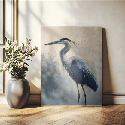 Elegant heron bird standing tall with soft brushstroke texture and muted tones, perfect for coastal or nature-themed home decor.