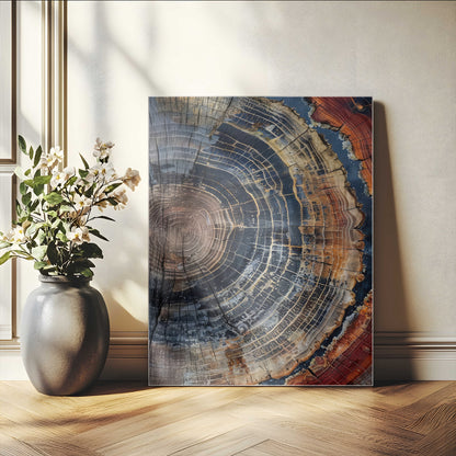 Close-up of a tree ring cross-section showing detailed growth rings in earthy tones, perfect for rustic or nature-inspired home decor.