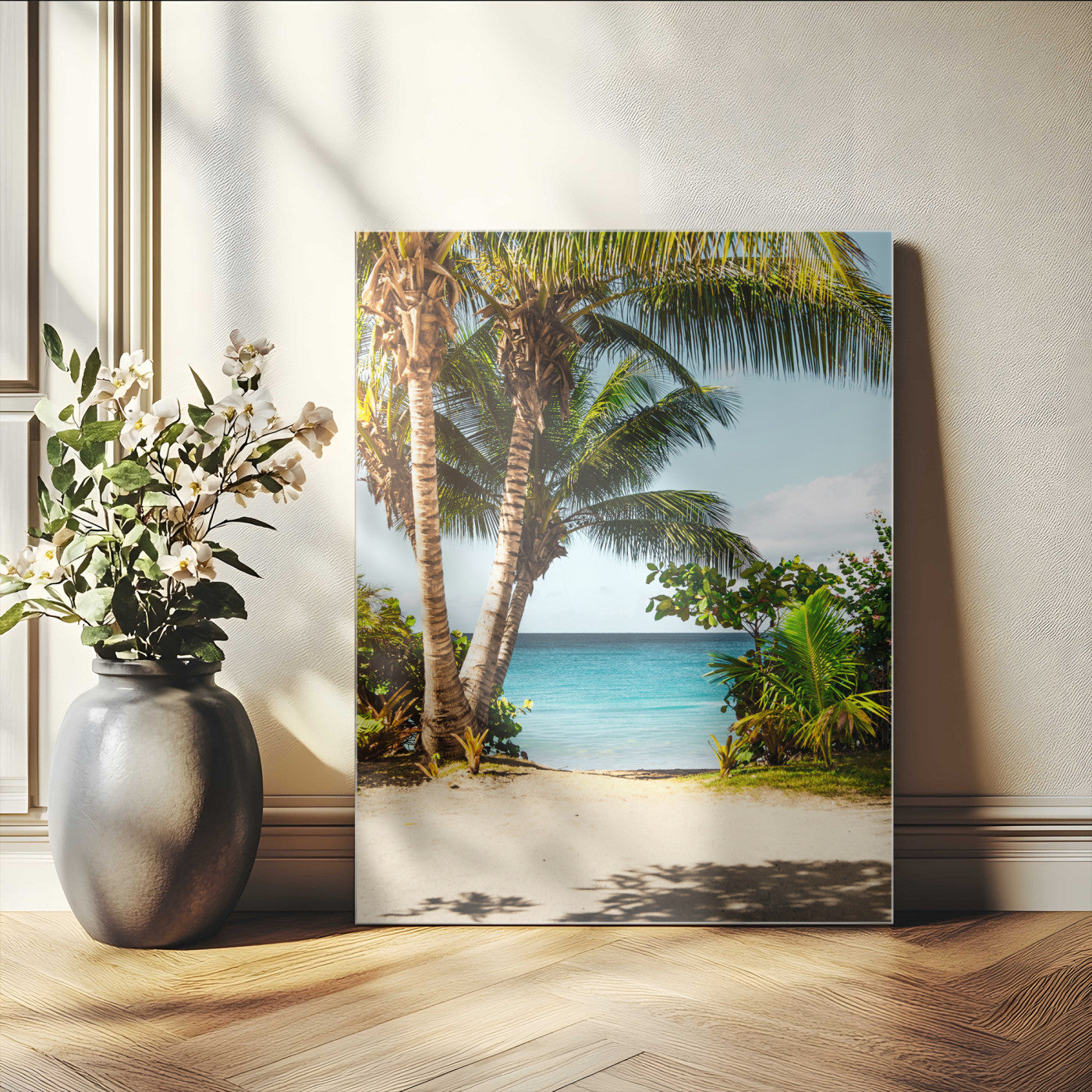 Tropical beach with palm trees, blue ocean, and clear sky, perfect for coastal or beach-themed wall decor in sunny living spaces.