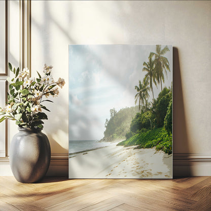 A tropical beach with palm trees, soft sand, and ocean waves under a bright sky, creating a peaceful and relaxing coastal view.