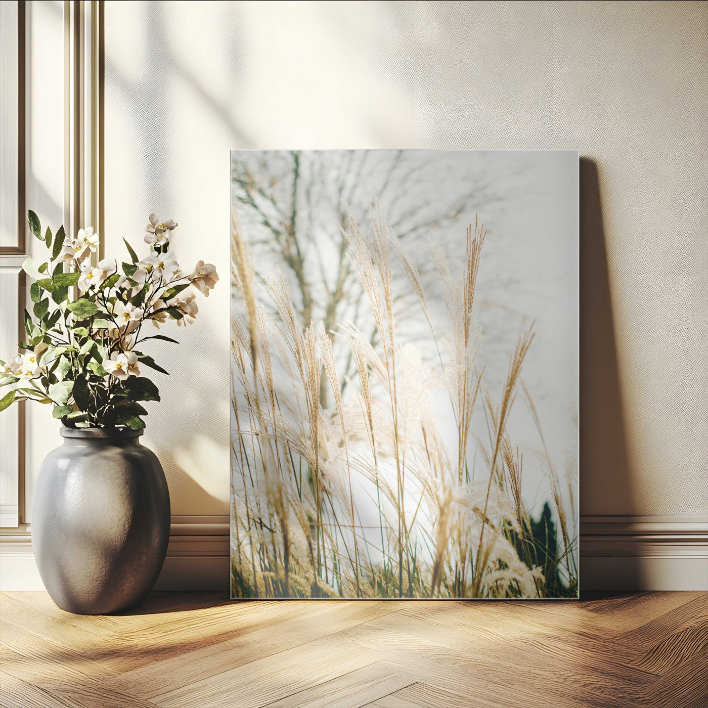 Soft beige pampas grass swaying in the breeze against a muted sky, creating a tranquil and minimalist botanical aesthetic.