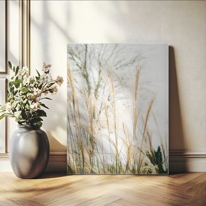 Soft beige pampas grass swaying in the breeze against a muted sky, creating a tranquil and minimalist botanical aesthetic.