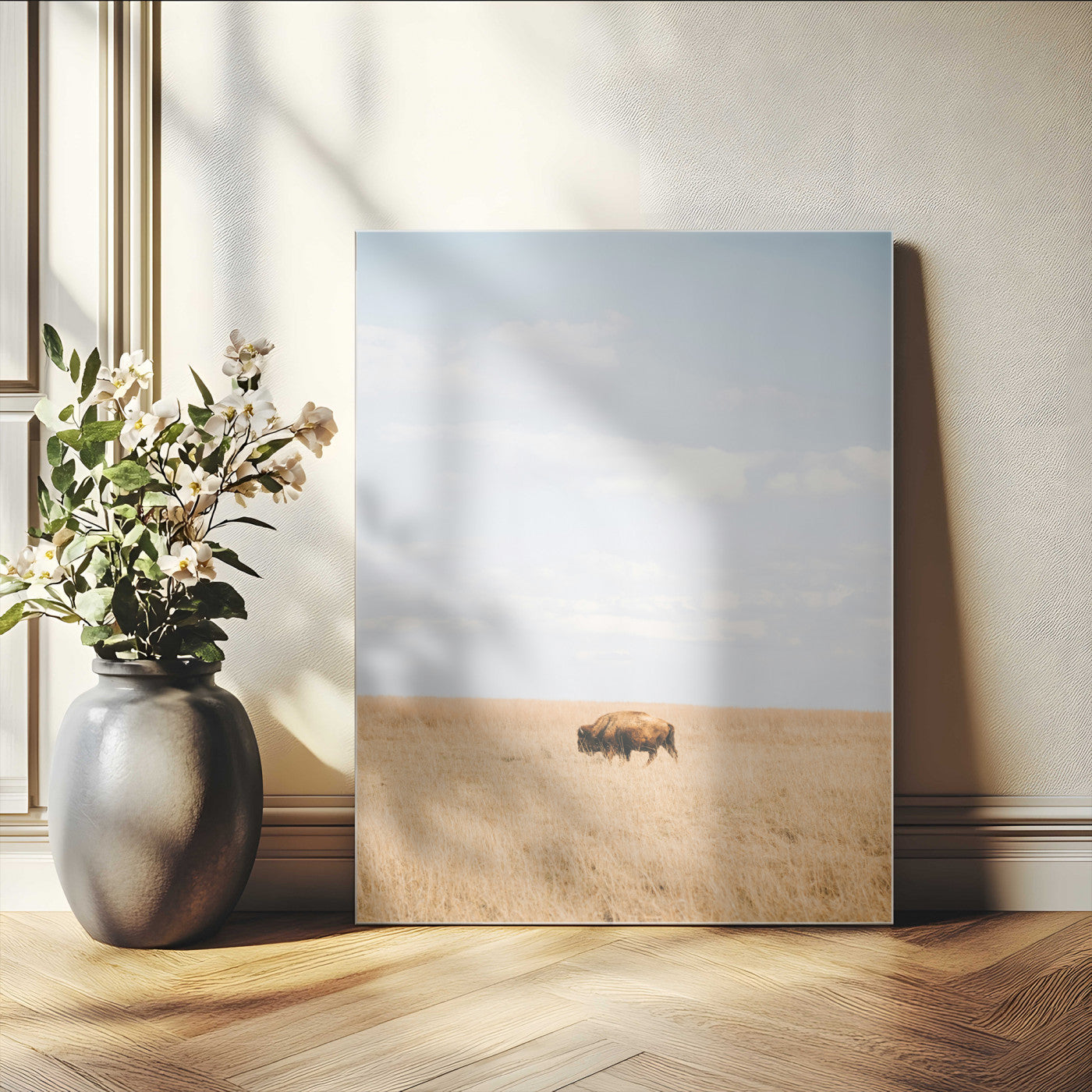 Minimalist Nature Wall Art Canvas Print, Framed Bison In Grassland Art Picture Print, Open Field Perfect Modern Ranch Decor Decor Artwork