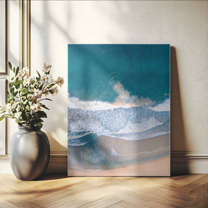 -Aerial Beach View Wall Art Canvas Print, Framed Ocean Waves Art Picture Print, Coastal Serenity Perfect Coastal Minimalist Decor Artwork