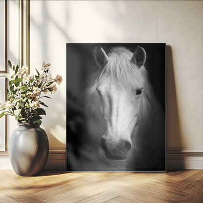 Large Wall Art White Horse on Black Background Canvas Print